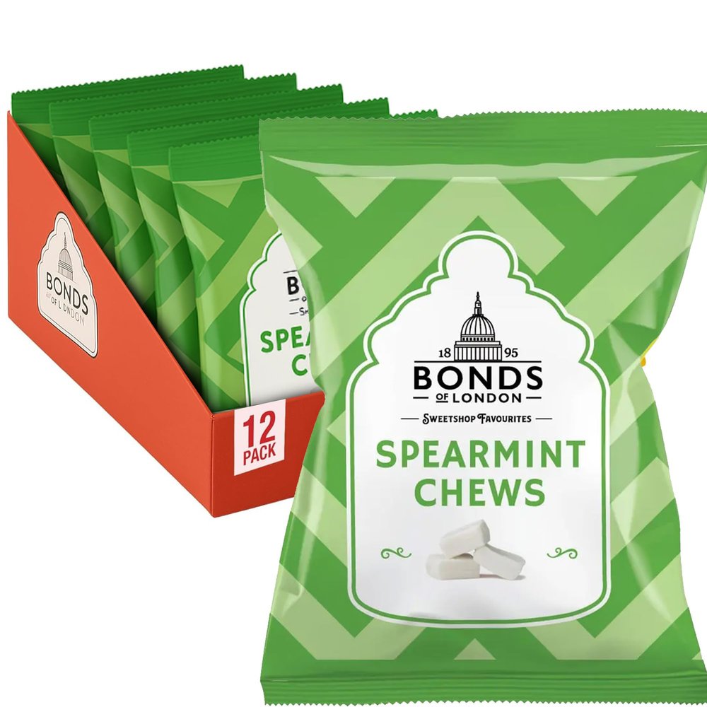 Bonds of London Spearmint Chews Bags, Retro Breath Freshening Chewy Sweets, 120 g (Pack of 12)
