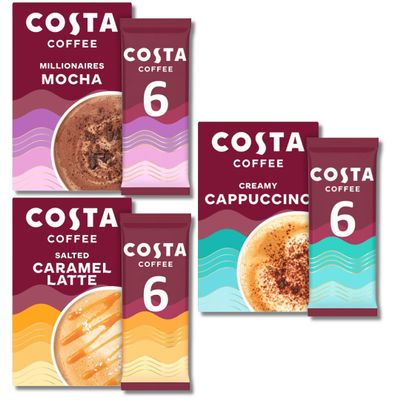 Costa Coffee Delights Multipack: Creamy Cappuccino, Salted Caramel Latte, Millionaires Mocha (18 instant Coffee Sachets Individually Wrapped) Bundled by The Great British Kitchen