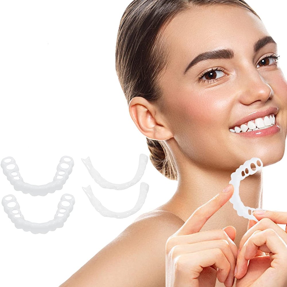 2 Pairs Moldable False Teeth Clip in Veneers Teeth Top and Bottom, Snap-On Dentures Whitening Artificial Teeth Covers with Tweezers for Men and Women with Bad Teeth
