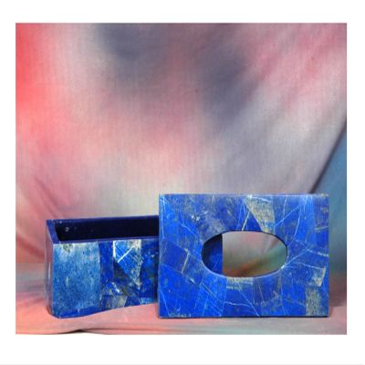 9 x 5 Inches Lapis Lazuli Stone Random Work Paper Handkerchief Box Rectangle Shape White Marble Tissue Paper Box with Royal Look