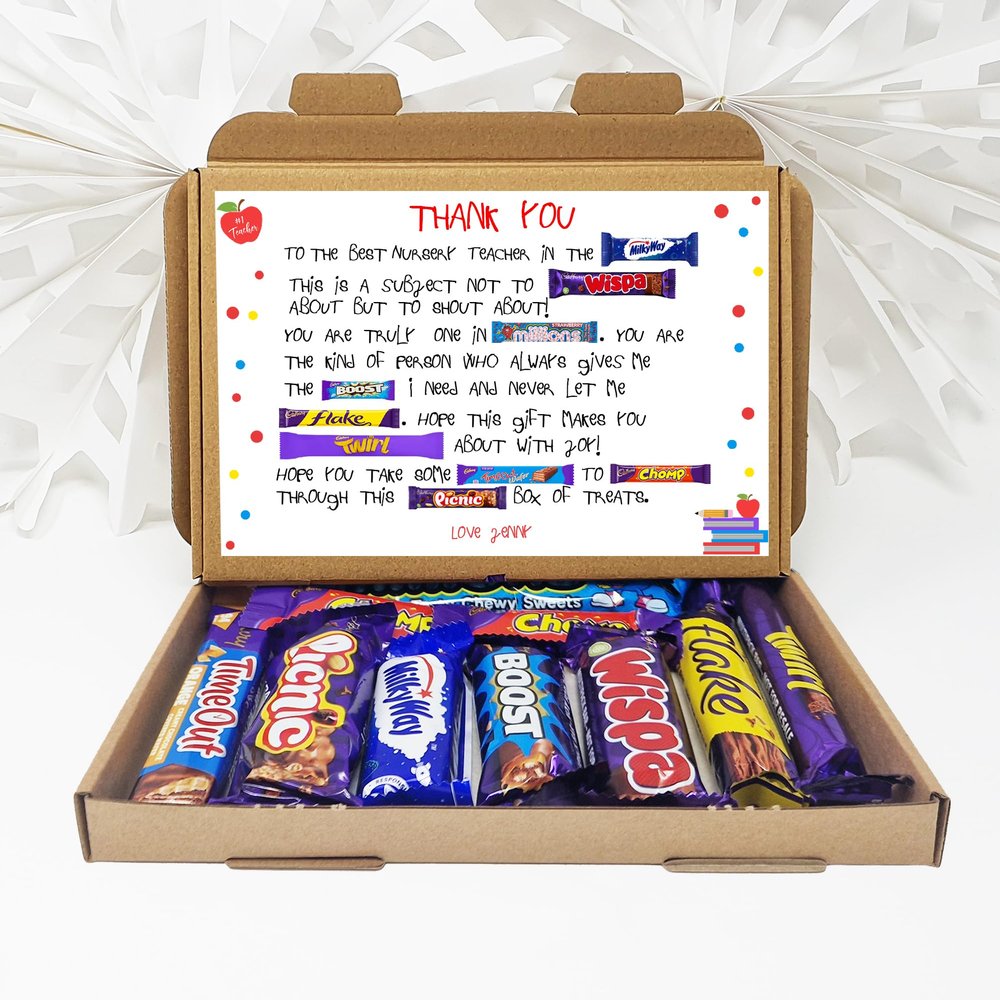 Personalised Teacher Poem summer gift Poem Treat Box Hug in a box, hamper gift, thank you gift (Nursery Teacher - Younger Font - Me/I)