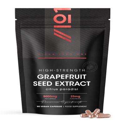 Grapefruit Seed Extract 5000mg Standardised 25mg Flavonoids 90 Vegan Capsules (3 Month Supply) Resealable and Recyclable Pouch by Alpha01