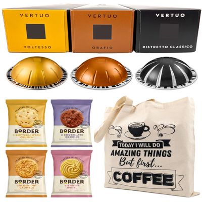 Coffee Pod Variety Pack for Nespresso Vertuo Machine - Espresso Selection Voltesso, Orafio, Ristretto Classico - 3 Boxes (30 Pods) Bundled with Border Biscuits and Reusable Tote Bag