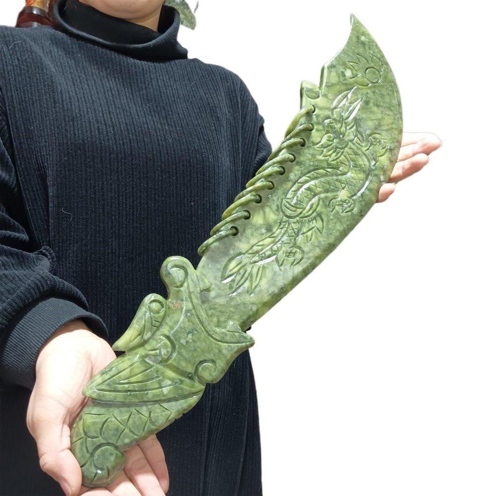 Natural Stone Natural Xiuyan Jade Dragon Hand Knife, Quartz Crystal Energy Mineral