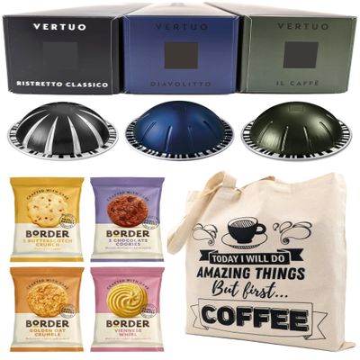 Coffee Pod Variety Pack for Nespresso Vertuo Machine - Ristretto Classico, Diavolitto, Il Caff - 3 Boxes (30 Pods) Bundled with Border Biscuits and Reusable Tote Bag
