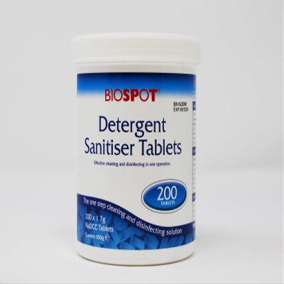TEST ALL WATER - Biospot Detergent Sanitiser Tablets | 2-in-1 Cleaning & Disinfecting | Fast Dissolving | Secure Storage | NaDCC Chlorine Formula, 200 Count (Pack of 1)