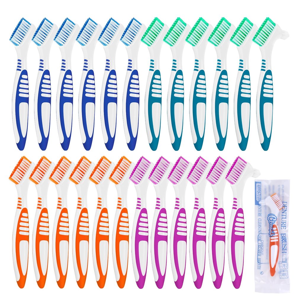 24 Pcs Denture Brush Set for False Teeth, Double Sided Denture Cleaning Toothbrushes with Soft Bristles and Ergonomic Anti-Slip Handle, Denture Cleaner Brush for Adults, (Green,Purple,Blue,Orange)