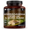 Ashwagandha KSM-66 and Lions Mane Capsules - High Strength 2000mg KSM-66 Ashwaghandha Root Extract and Lions Mane Mushroom Extract - 120 Vegan Capsules with Black Pepper - UK Made by New Leaf view 1