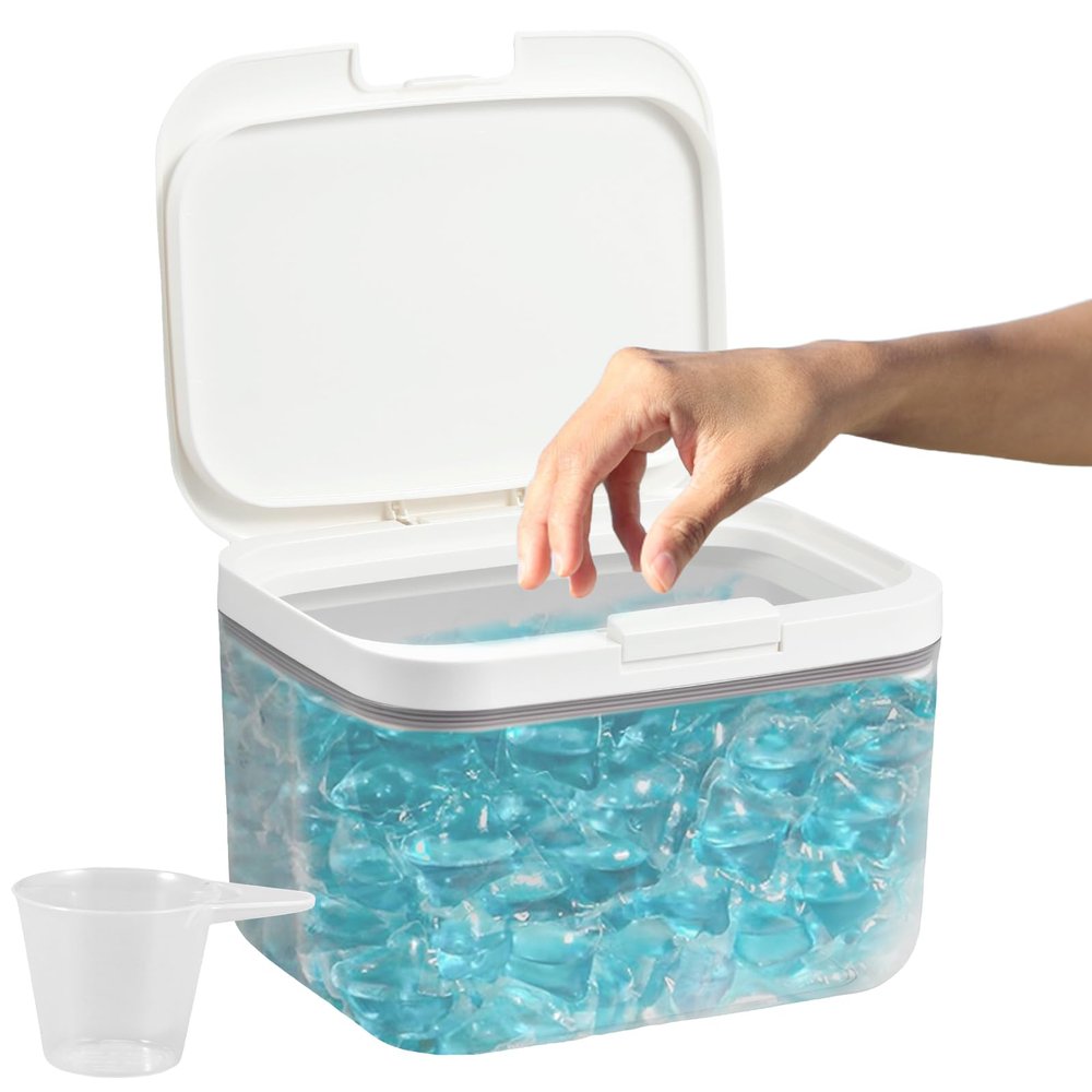 Automatic Pop-Up Laundry Detergent Storage,Laundry Pods Storage Container with Measuring Cup,Sealed Bathroom Washing Powder Storage with Lid for Washing Pods,Bath Bombs,Scent Booster