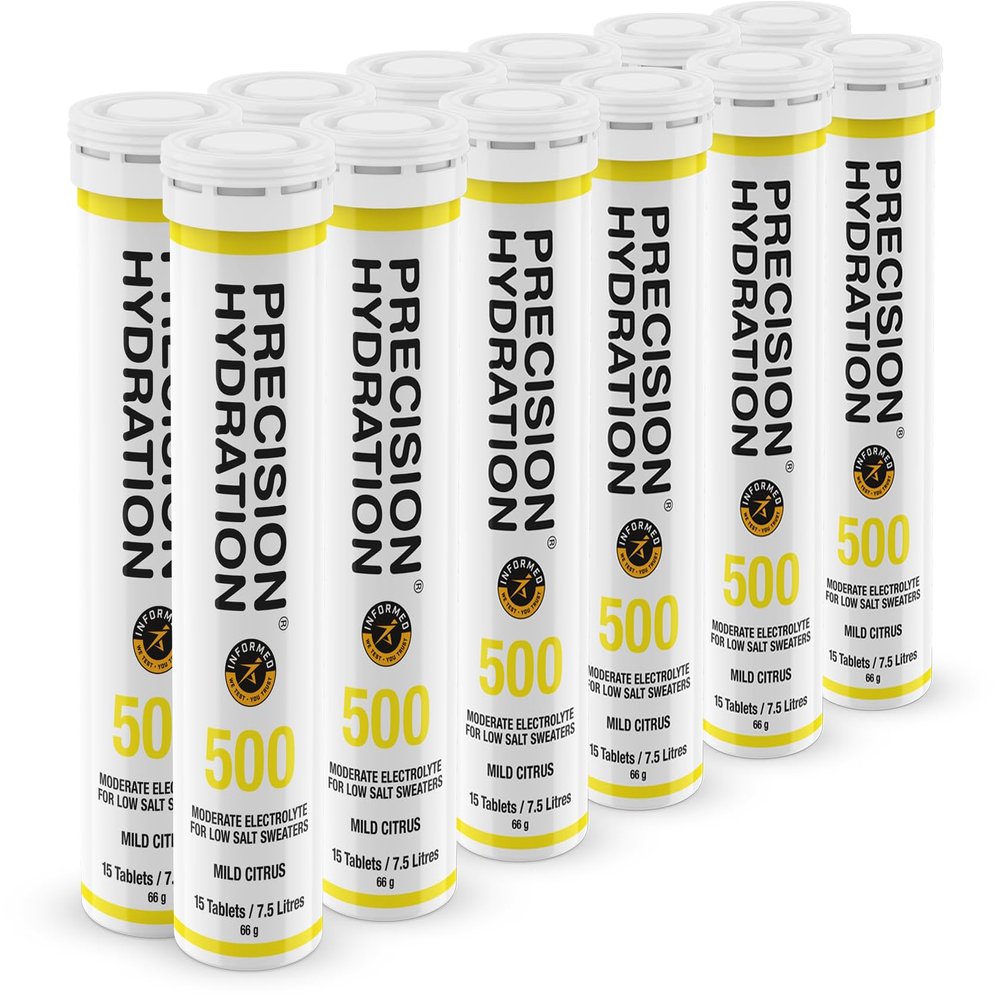 Precision Hydration Electrolyte Tablets - Multi Strength Effervescent Hydration Tablets - Combats Cramp - Low Calorie, Gluten Free, Vegan/Vegetarian Friendly(12 Tube, 500mg/L - Yellow Tube)