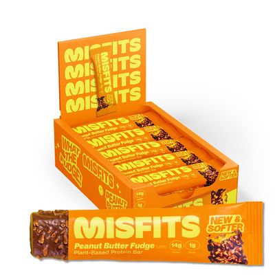Misfits Vegan Protein Bars - Peanut Butter Fudge | Sports Nutrition Bars - 14 grams Protein | 1 gram Sugar | Plant-Based, Low Carb, High Fibre | No Palm Oil | Non-GMO | Pack of 15