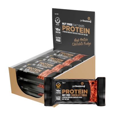 Getbuzzing Nut Free Oat Protein Flapjack Bars  Gluten Free Healthy Snack with Natural Ingredients, High Fibre & School Safe  12 x 55g Pack  [Chocolate Fudge] - Supports Running, Cycling and Gym