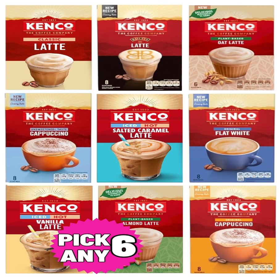Kenco Instant Coffee Sachets Pick Any 6 packs from 9 Blend Inc: Almond, Vanilla, Oat, Baileys, Cappuccino, Flat White, ICED HOT salted Caramel Latte Etc.