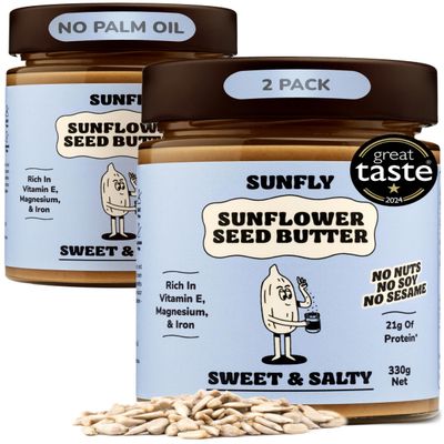 SUNFLY Sweet & Salty Sunflower Seed Butter  Palm Oil Free, Peanut Butter Alternative - Nut-Free, High-Protein, Vegan Spread - Top 14 Allergen & Soy Free - Rich in Vitamins & Minerals - 2 x 330g