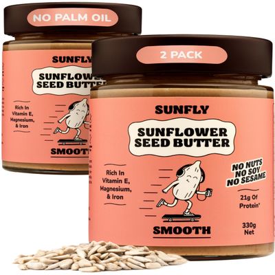 SUNFLY Smooth Sunflower Seed Butter Palm Oil Free, Peanut Butter Alternative - Creamy, Nut-Free, Vegan Protein Spread -Top 14 Allergen Free, Soy Free - Rich in Vitamins & Minerals - 2 x 330g Jars
