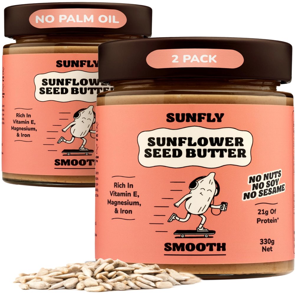 SUNFLY Smooth Sunflower Seed Butter Palm Oil Free, Peanut Butter Alternative - Creamy, Nut-Free, Vegan Protein Spread -Top 14 Allergen Free, Soy Free - Rich in Vitamins & Minerals - 2 x 330g Jars