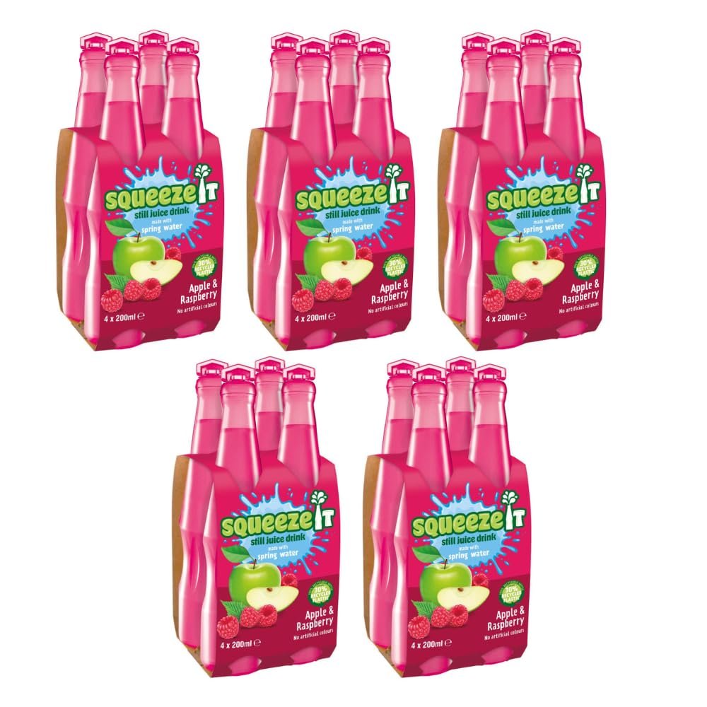 Squeze It Still Juice Drink 4 x 200ml - Apple & Raspberry - These Bottled Drinks Are Ideal For School And Are Made With Spring Water For Ffresh-Tasting Fun - Pack of 5 x (4 x 200ml)