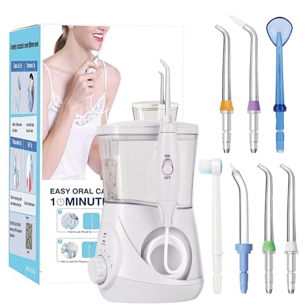 Carepik Water Dental Flosser for Teeth/Braces, Water Teeth Cleaner 8 Jet Tips and 10 Pressure Levels, 700ML Large Water Tank Oral Irrigator for Family