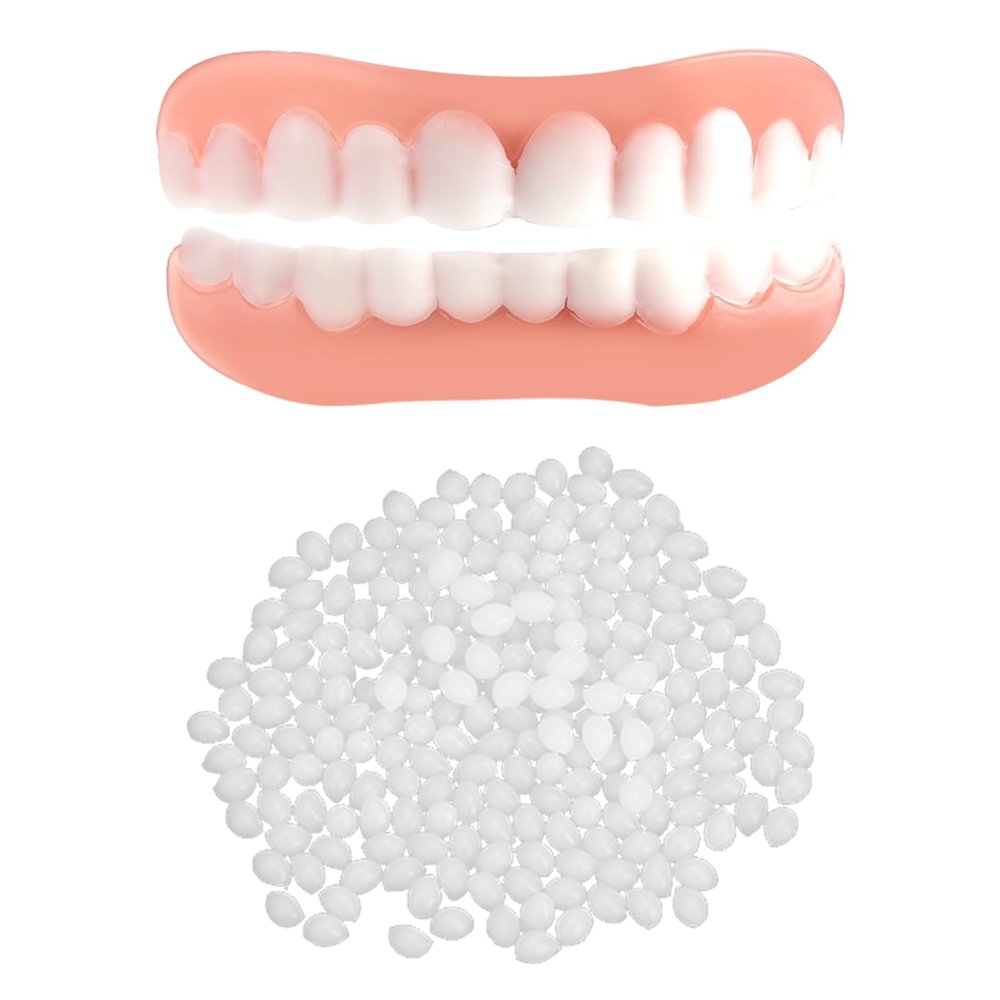 2 Pcs False Clip On Teeth, Snap On Veneers Set for Upper & Lower Jaws, Dentures Silicone, Natural Looking Instant Smile Enhancer, Comfort Fit Cosmetic Fake Teeth Men Women White Artificial Fake Tooth