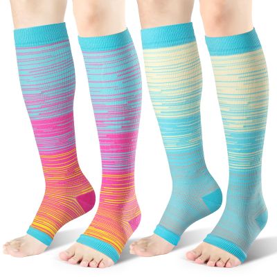 cerpite Open Toe Compression Socks Women & Men-2 Pairs 15-20 mmHg Knee High Stockings for Circulation Support, H-Bright lines, 4XL