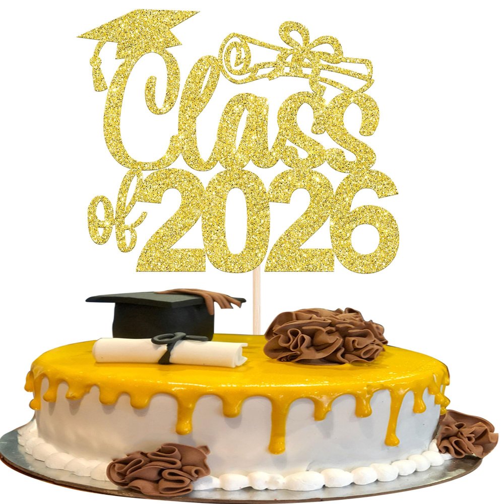 1 Pack Class of 2025 Cake Topper Glitter Congrats 2025 Graduation Cake Pick for Graduation Grad 2025 Theme Boys Girls Graduate Party Cake Decorations Supplies Gold