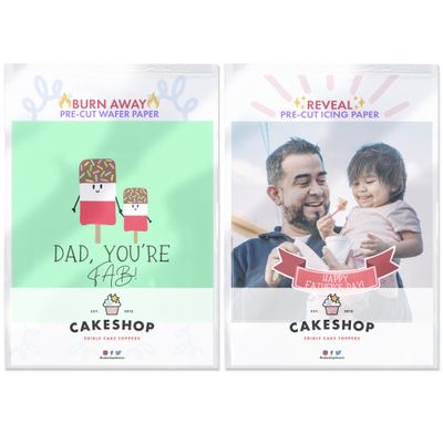 Cakeshop Cute Happy Fathers Day Edible Burn Away Edible Cake Topper Pack | 1 x Icing sheet & 1 x Wafer Sheet | Personalise With Your Custom Image & Text | Multiple Shapes & Sizes