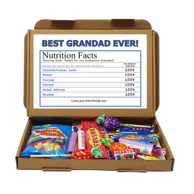 Personalised Fathers Day | Best Dad | Grandad | Nutrition Facts Treat Box - Gift Tea Lover, Afternoon Tea, Hamper Gift Chocolate Sweets - Grandad (Vegan Sweet)