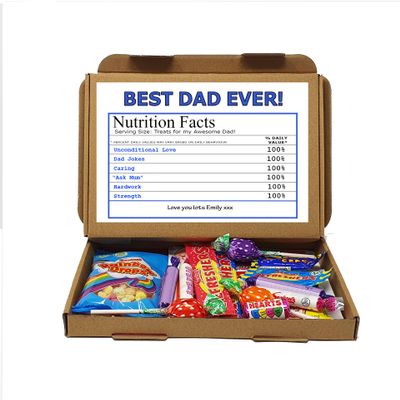 Personalised Fathers Day | Best Dad | Grandad | Nutrition Facts Treat Box - Gift Tea Lover, Afternoon Tea, Hamper Gift Chocolate Sweets - Dad (Vegan Sweet)