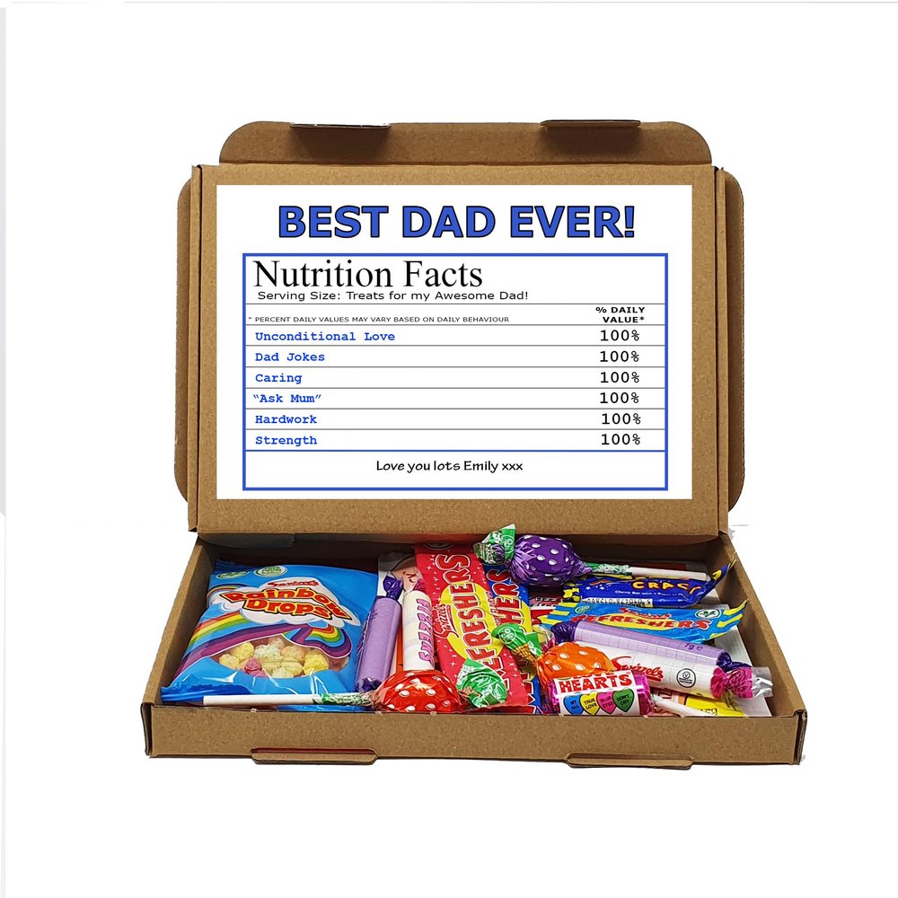Personalised Fathers Day | Best Dad | Grandad | Nutrition Facts Treat Box - Gift Tea Lover, Afternoon Tea, Hamper Gift Chocolate Sweets - Dad (Vegan Sweet)