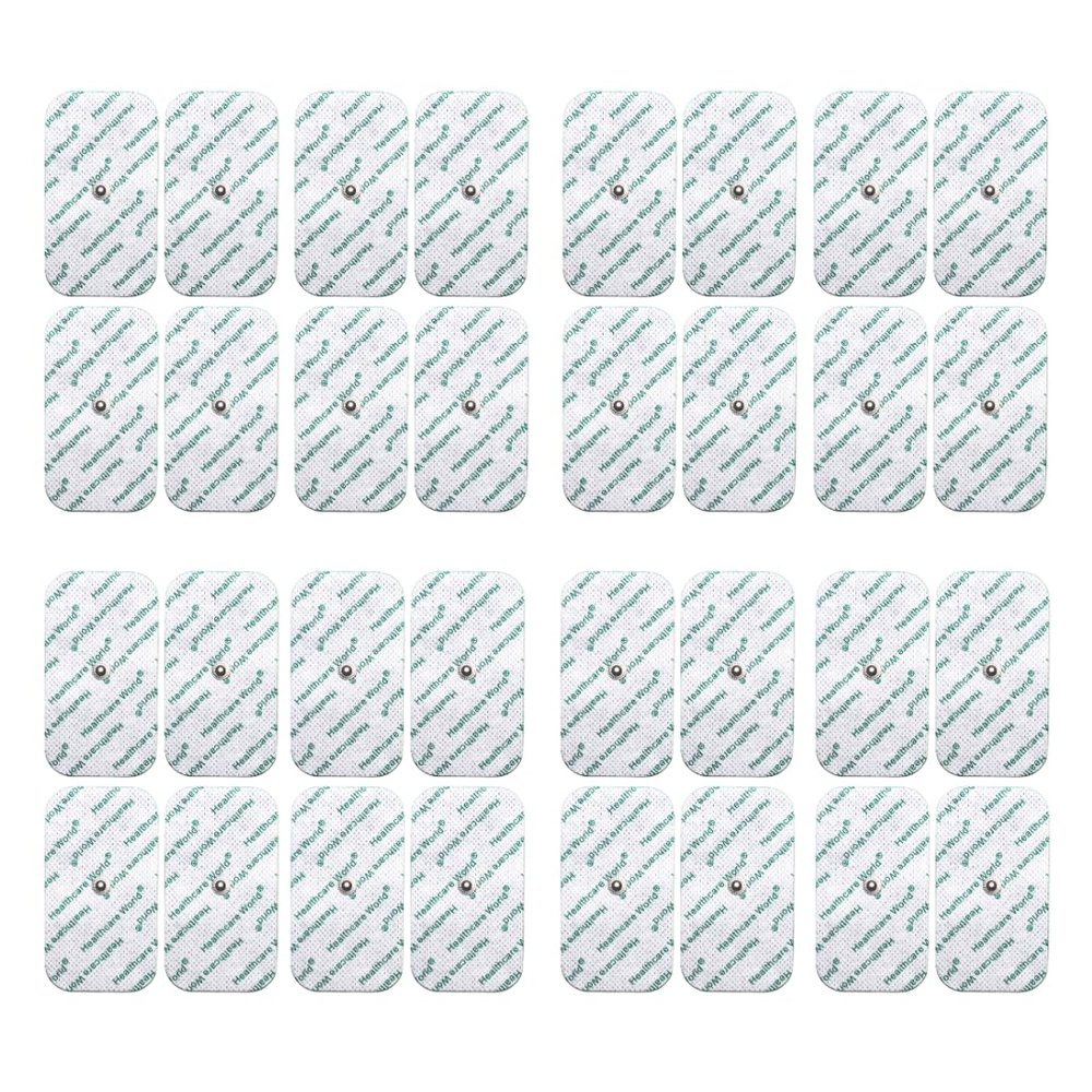 Healthcare World TENS Electrode Pads 5x10cm(32-Pack)- Self-Adhesive with 3.5mm Stud Connection for Muscle Stimulation & Pain Relief, Compatible with Beurer, Sanitas, Boots, Kinetik TENS Devices