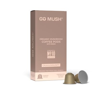 Go Mush Organic Reishi Mushroom Coffee Pods  Dark Roast Arabica  Nespresso Compatible Aluminium Capsules  10 Pods