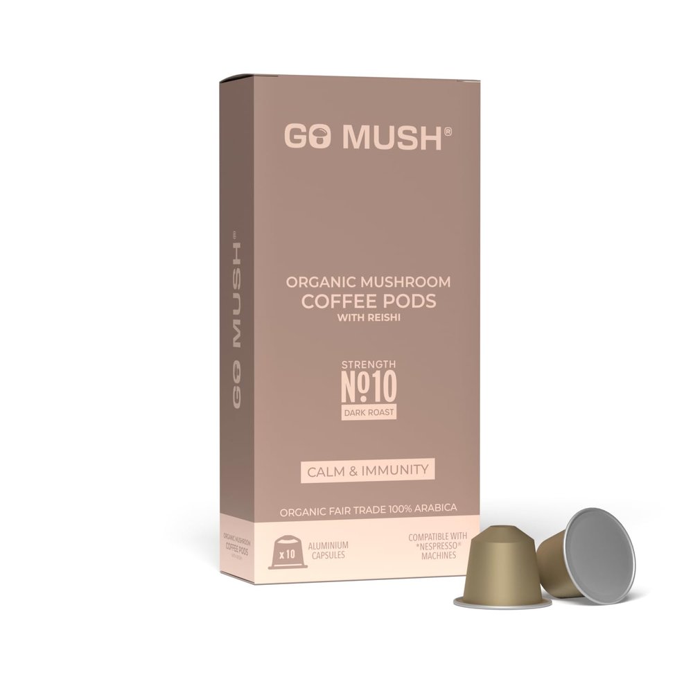 Go Mush Organic Reishi Mushroom Coffee Pods Dark Roast Arabica Nespresso Compatible Aluminium Capsules 10 Pods