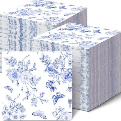 100 Pack Floral Napkins Blue White Floral Cocktail Napkins Blue White Floral Paper Napkins Blue Flower Napkins for Bridal Baby Shower Tea Party Blue White Floral Birthday Party Supplies Decor