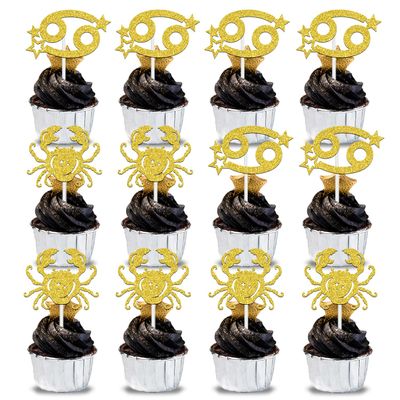 12Pcs Cancer Cupcake Topper, Big Cancer Energy/Cancer Season, 12 Constellation June/July Birthday Cupcake Decoration, Horoscope Astrology Birthday Party Supplies, Gold Glitter