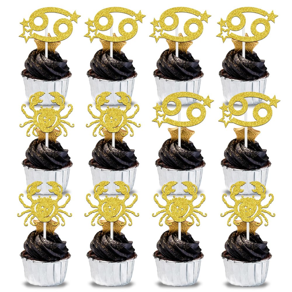 12Pcs Cancer Cupcake Topper, Big Cancer Energy/Cancer Season, 12 Constellation June/July Birthday Cupcake Decoration, Horoscope Astrology Birthday Party Supplies, Gold Glitter