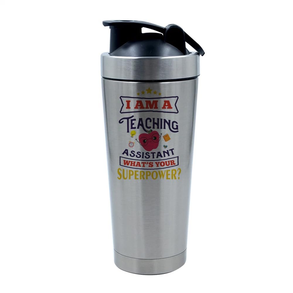 Getagift I Am a Teaching Assistant Whats Your Superpower?, Best Teacher Gift, 500ml Aluminium Shaker Bottle for Supplement Shakes - Easy Clean, Durable Cup. (Silver)
