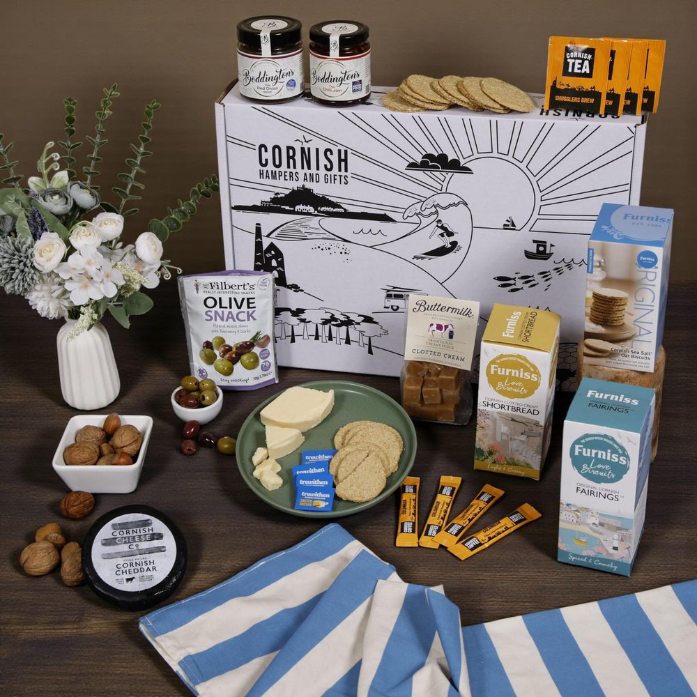 Cornish Hampers & Gifts - Cheese Cream Tea - Cornish Sea Salt Crackers Cheddar Wax Wheel, Chilli Jam & Red Onion Chutney, Olives, Butter, Tea & Coffee
