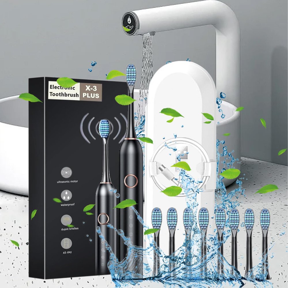 Electric Toothbrush, Rechargeable Toothbrush with 8 Brush Heads, IPX7 Waterproof Design, 6 Cleaning Modes, Fast Charge 4 Hours Last 30 Days, for Women Men (Black, 22x2.5x2.5cm)
