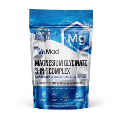 Magnesium Glycinate 3-in-1 Complex - Bisglycinate, Citrate & Malate Vegan Capsules, Added Zinc to Maximise Absorption 380mg Elemental 100% NRV, UK Made (60)