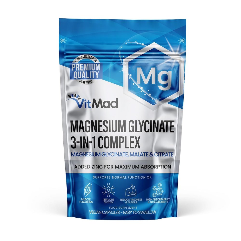 Magnesium Glycinate 3-in-1 Complex - Bisglycinate, Citrate & Malate Vegan Capsules, Added Zinc to Maximise Absorption 380mg Elemental 100% NRV, UK Made (60)