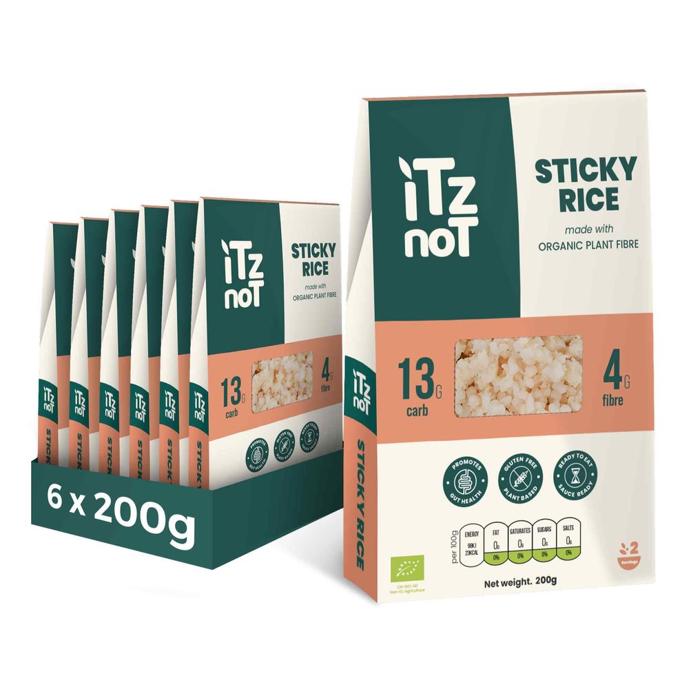 iTz noT jusT Sticky Rice (Pack of 6, 200g Each) Ready Cooked, Shirataki, Moyu, Konjac Plant Fibre Pasta, Low Carb, & No Added Preservatives, Healthy, Gluten Free, Gut Health. 100% Natural