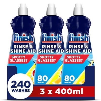 Finish, Dishwasher Rinse Aid, Lemon Rinse & Shine Cleaner, 400ml (3 x 400ml, Total 1.2L), Ultimate Clean & Diamond Shine, Glass Protection, Spot Prevention, Better Drying vs Finish Detergent alone