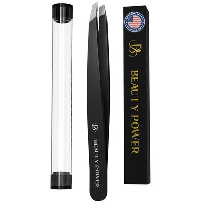 Beauty Power Professional Ultra-Precision Slant Tweezers for Women Facial Hair - German Stainless Steel, Tweezers for Men & Women, Black Eyebrow Tweezer for Ingrown Hair - Black