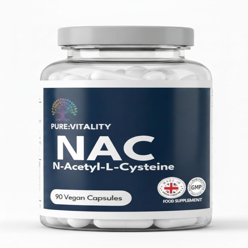 Pure Vitality: NAC Supplement 600mg x 90 Capsules, Pure NAC Acetylcysteine for Glutathione, Detox, Post Workout Supplements for Men & Women, N-acetylcysteine (L Cysteine) - GMP & HACCP Certified - UK