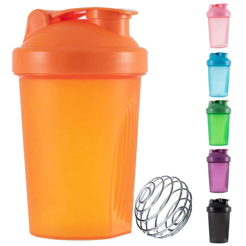 Protein Shaker Bottle with Stainless Steel Mixing Ball, Protein & Supplement Shaker Bottle, Leak Proof Flip Flop Lid Shake Bottle Mixer, BPA Free Protein Shake Bottle 400ml (Orange)