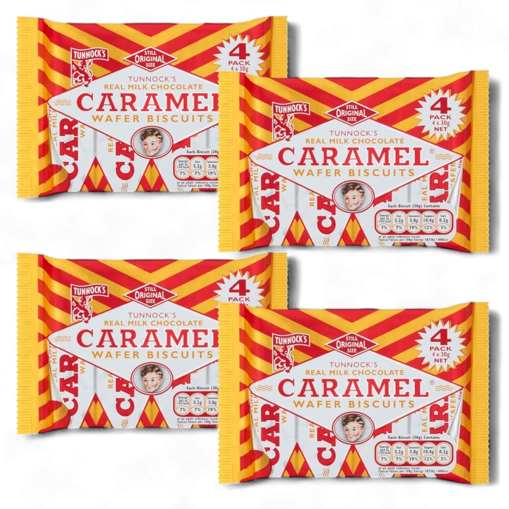 4 Pack (4 x 30g) Tunnocks Milk Chocolate Caramel Wafer Biscuits - (16 Wafer Biscuits Individually Wrapped)