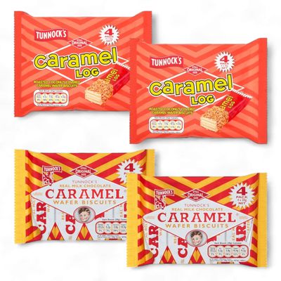 2 Pack (4 x 32g) Tunnock's Caramel Log Wafer Biscuits and 2 Pack (4 x 30g) Tunnock's Milk Chocolate Caramel Wafer Biscuits (Total 4 pack Tunnock Wafer Biscuits) 124g