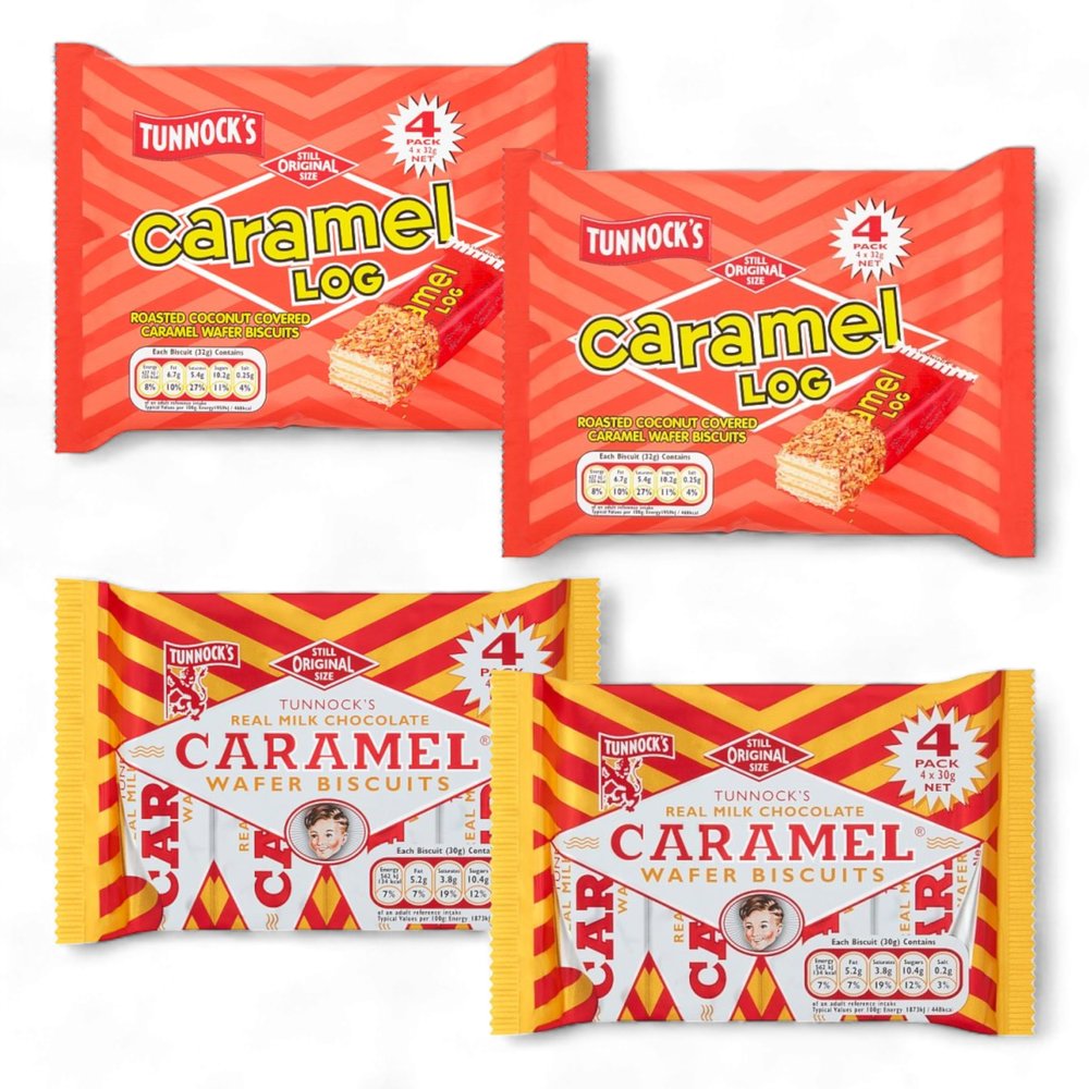 2 Pack (4 x 32g) Tunnock's Caramel Log Wafer Biscuits and 2 Pack (4 x 30g) Tunnock's Milk Chocolate Caramel Wafer Biscuits (Total 4 pack Tunnock Wafer Biscuits) 124g