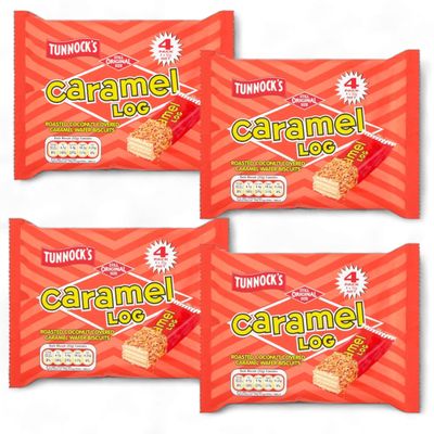 4 Pack (4 x 32g) Tunnocks Caramel Log Wafer Biscuits (16 Caramel Log Individually Wrapped)