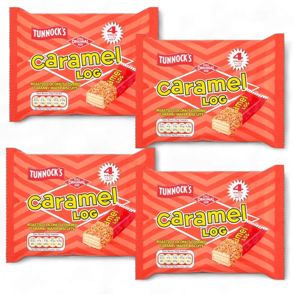 4 Pack (4 x 32g) Tunnocks Caramel Log Wafer Biscuits (16 Caramel Log Individually Wrapped)